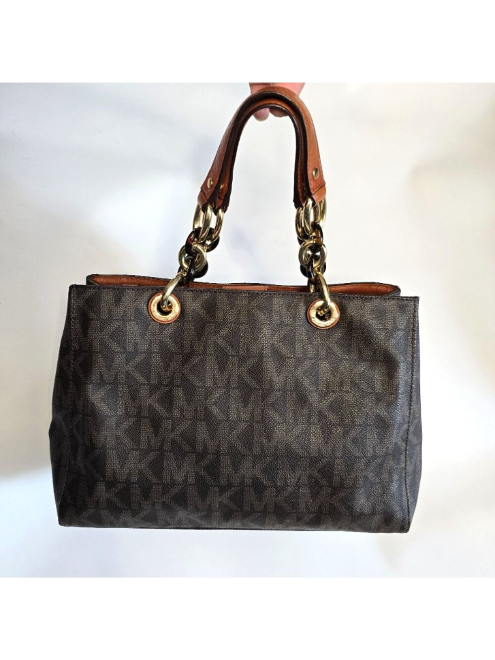Michael Kors Cynthia Brown Monogram Medium Tote Bag Chain Handles Satchel - Picture 15 of 15